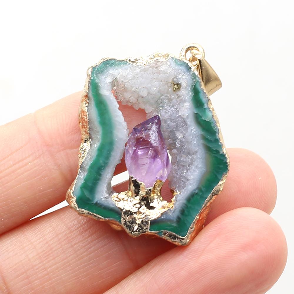 1Pc Energy Natural Agates Pendants with Amethyst, Fashion Handmade Irregular Druze Charms for Jewelry Making DIY Accessories Fit Necklaces Craft Gift