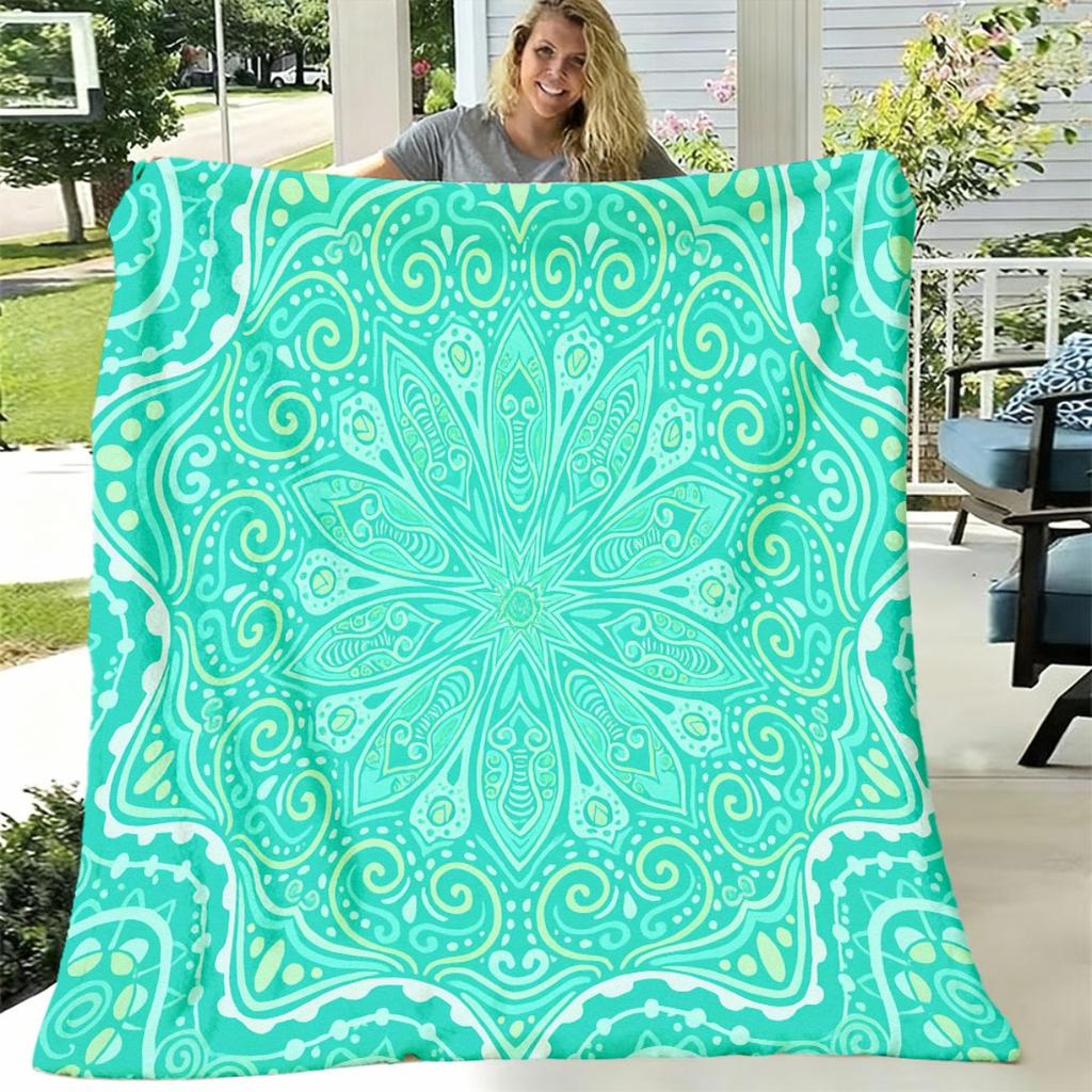 1pc Teal & Blue Mandala Design Flannel Blanket Soft, Cozy, AllSeason Throw for Travel, Sofa, Bed, Camping, Car, and Office Perfect Gift for Boys, Girl