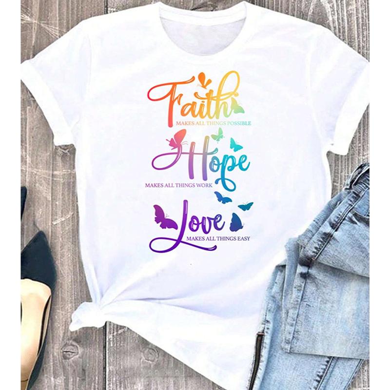 Модная женская футболка с принтом Faith Love Hope, забавная повседневная футболка с круглым вырезом и короткими рукавами, летняя женская футболка