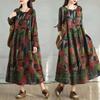 Новое винтажное платье из хлопка и льна с принтом, круглым вырезом и длинными рукавами, женское, свободного кроя, большого размера