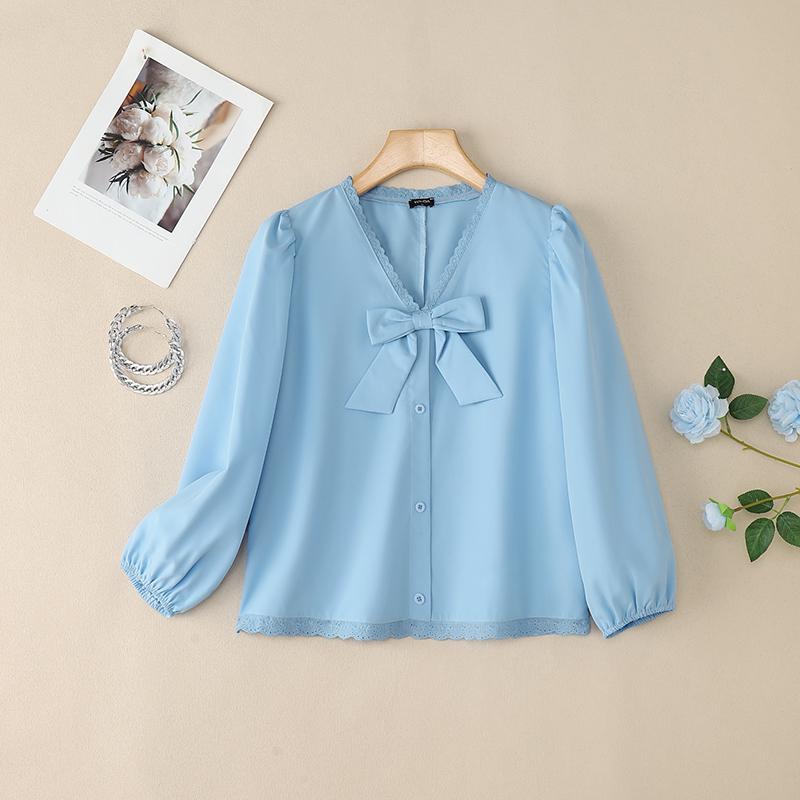 VONDA Women Puff Long Sleeve Lace Hem Bow Knot Casual Blouse Tops