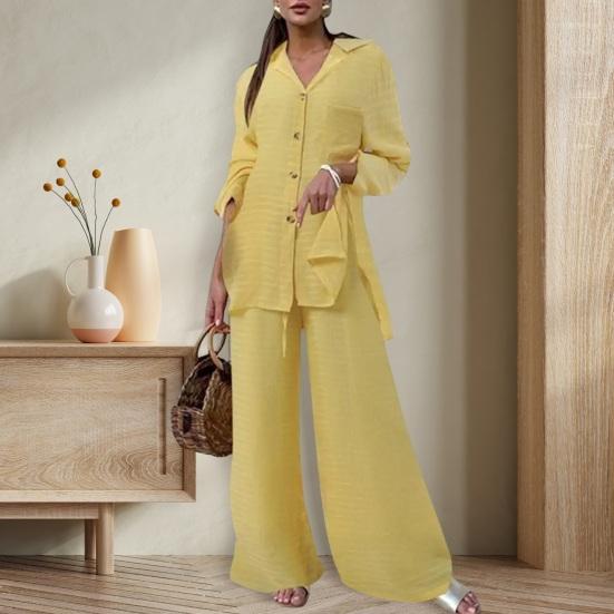 Женский комплект из 2 шт./компл., рубашка, брюки, однотонный, с отложным воротником, с длинным рукавом, средней длины, с широкими штанинами, с эластичной резинкой на талии, свободные брюки, одежда для поездок на работу, блузка