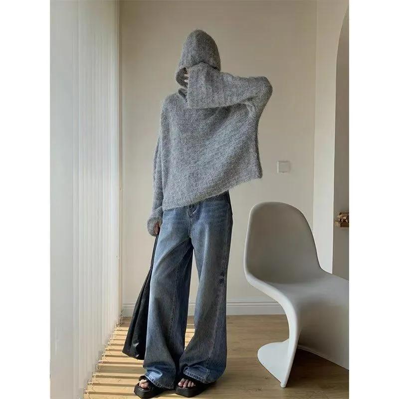 Шикарный Французский Мягкий Свободный Свитшот с Капюшоном Женский Осень Зима Пуловер Вязаный Свитер Топ