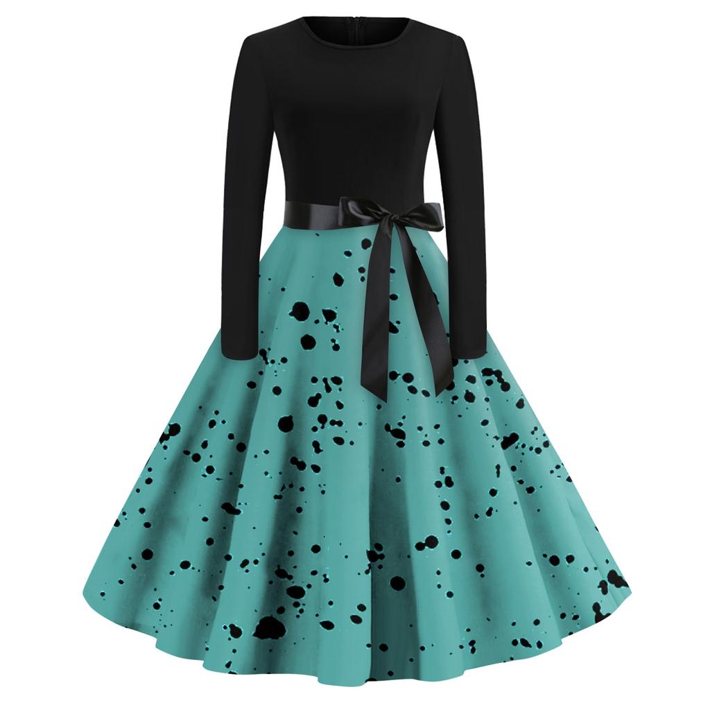 Women's Casual And Fashionable Long Sleeved R-neck Polka DotPrint Dress