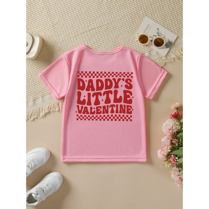 Европейские размеры Девочки Летняя Мода Футболка с коротким рукавом DADDYS LITTLE VALENTINE Клетчатый и Сердечно-глазый Мультяшный Принт Повседневная С круглым вырезом