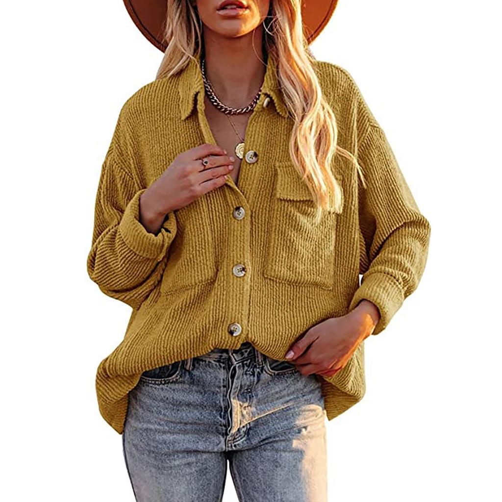 Women's And Winter Loose Corduroy Lapel Double Pockets Long-Sleeved Shirt Jacket