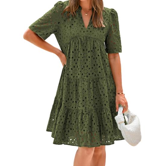 Women's Hollow Out Eyelet Dress Casual Short Sleeve V-neck Midi Dress Summer Beach Tiered Flowy A-line Sundress