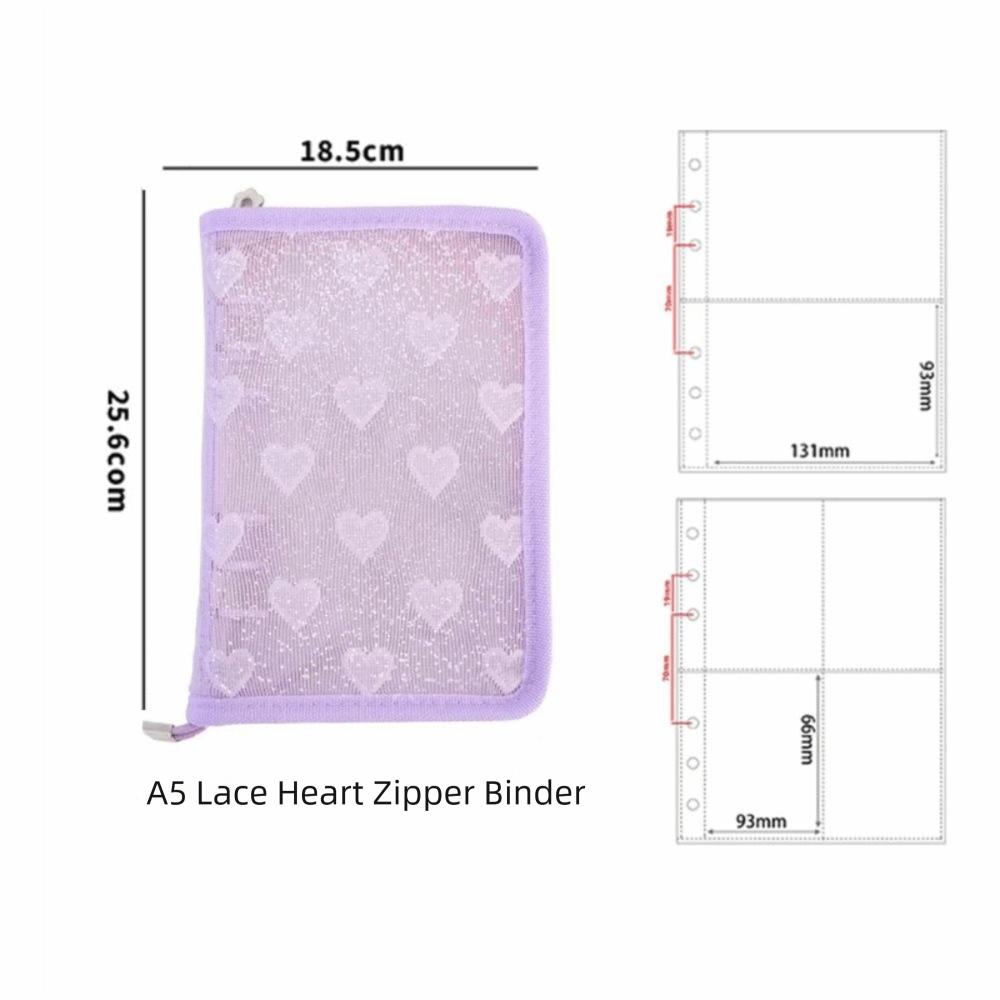 Lace Heart Decoration Ring Binder Album Glitter Cover Sewn Zipper Closure Zipper Binder Notebook A5 Size Photo Collection Book