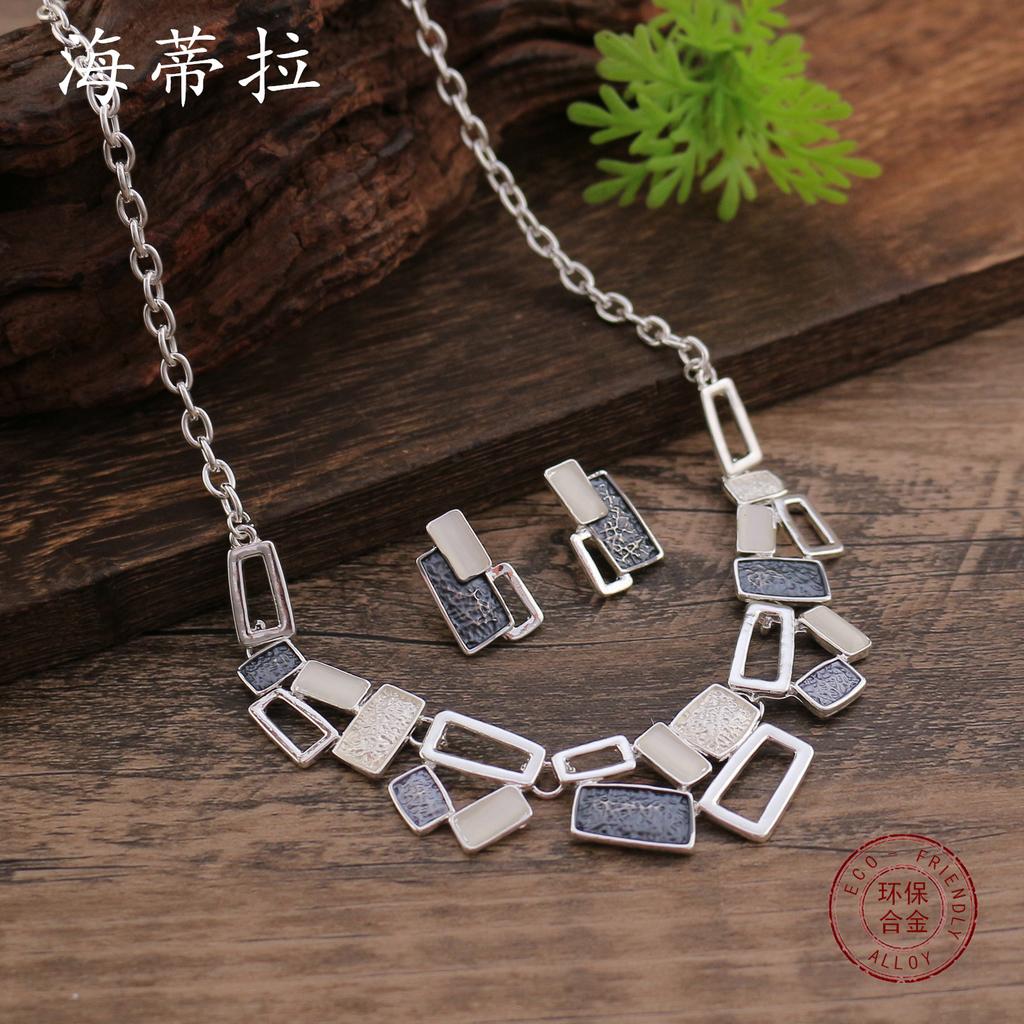 Новый цветной набор сережек-пусетов неправильной квадратной формы с масляной росписью и ожерелья, женское геометрическое ожерелье высокого класса