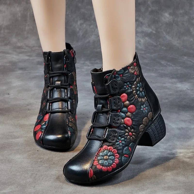 Мода 2024 года, новые осенние и зимние теплые туфли из натуральной кожи, женские ботинки с круглым носком, принтом, молнией в стиле ретро, ботинки для отдыха на платформе