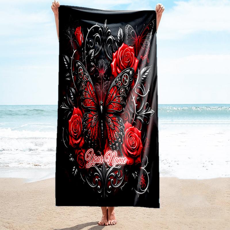 1PC Custom Name Gothic Butterfly Roses Art Beach Towel Highly Absorbent And Sand-Resistant Towel for Swimming, Pool, Yoga, And Travel Lightweight