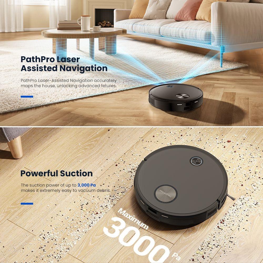 Refurbished Proscenic V10 Robotic Vacuum Cleaner, Floor Mopping, 3000Pa Suction, 240ml Dust Bin, 120Mins Runtime, Smart APP Control