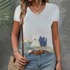 Футболка женская одежда свободный V-образный вырез короткий рукав узор кошка модный топ летний повседневный элегантный одежда для вечеринок женская футболка