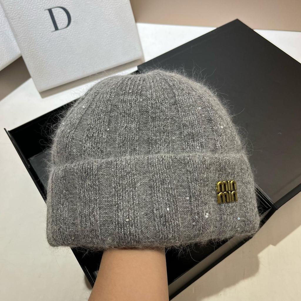 French Sequined Gypsy Min Knitted Hat Winter Warm Thickened Double-Layer Rabbit Fur Wool Hat Outdoor Bald Hat