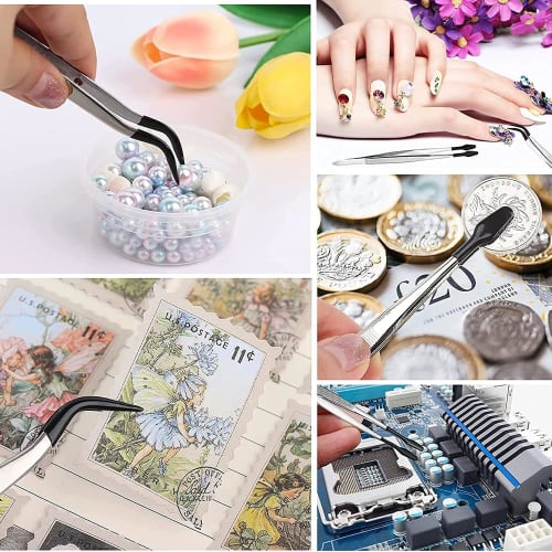 Silicone Tweezers, Stainless Steel Tweezers with PVC Coating and Rubber Tips, Black, Anti-Static, Ideal for Paper Crafts, Stamps, Eyelash Extensions,