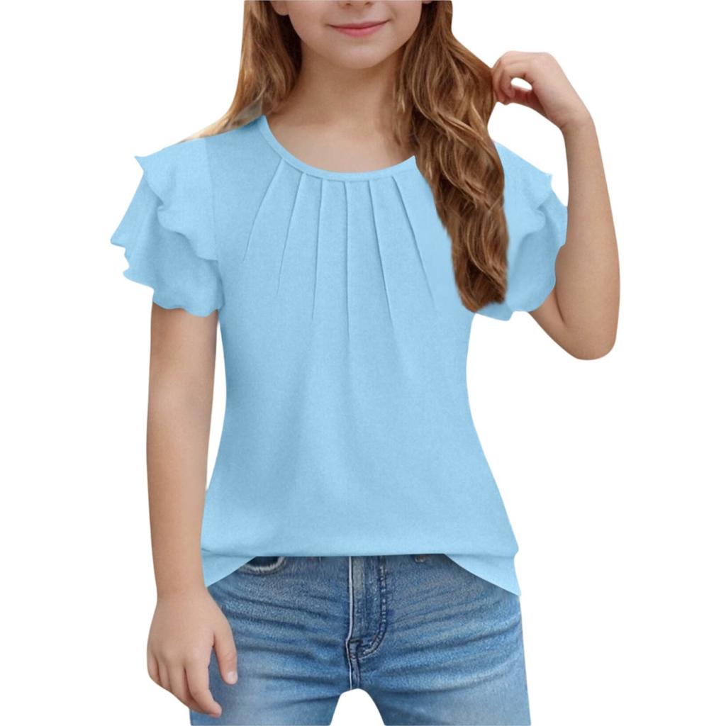 Girls' Ruffled Tee - Solid Color Short Sleeve Casual Top