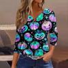 3/4 Length Sleeve Womens Tops Floral Halloween Print Vintage Fashion Casual Loose With V Neck Plus Size Shirts