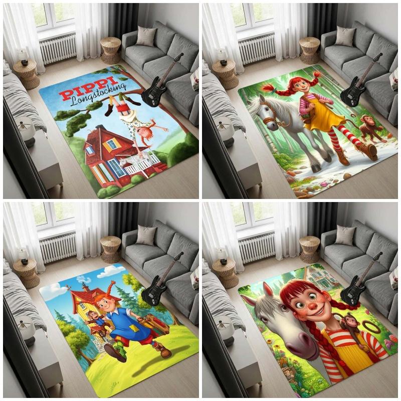 Pippi Longstocking Area Rug, Cartoon Pippi with Horse Monkey Flower Field Floor Mat, Non Slip Carpet for Living Room Bedroom Kids Room Home Decor