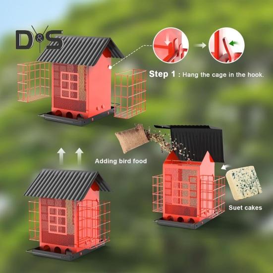 Birds Feeder for Outdoors Hanging Metal Mix Seeds Feeder with Double Suet Cage Outside Wild Birds Feeder for Garden Backyard Decor