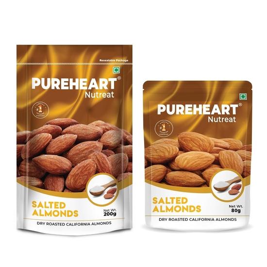 Pureheart Dry Roasted Nutreat Salted Almonds Pack of 200 gm & 80 gm Natural Premium California Almond Nuts/Dry Fruit, Crunchy