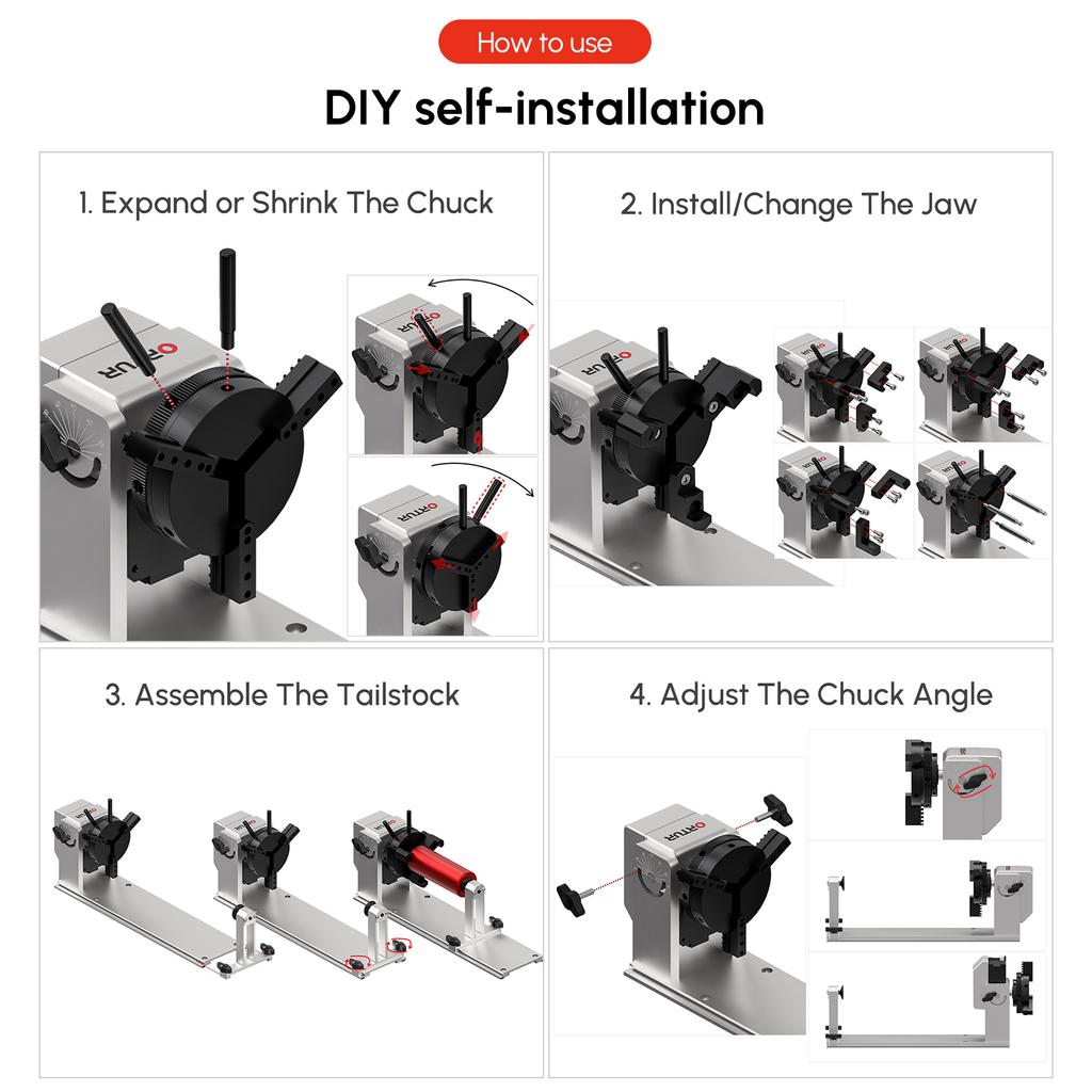 ORTUR YRC1.0 Rotating Roller with 180 Degrees  Horizontal Flip Angle and 360 Degrees Rotating Engraving with 3 Jaws
