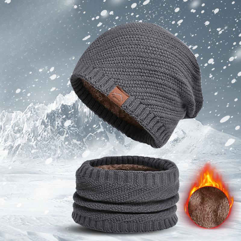 Knitted Hat Two-Piece Winter Fleece-lined Warm Hat Scarf Earflaps Slipover Woolen Cap Men