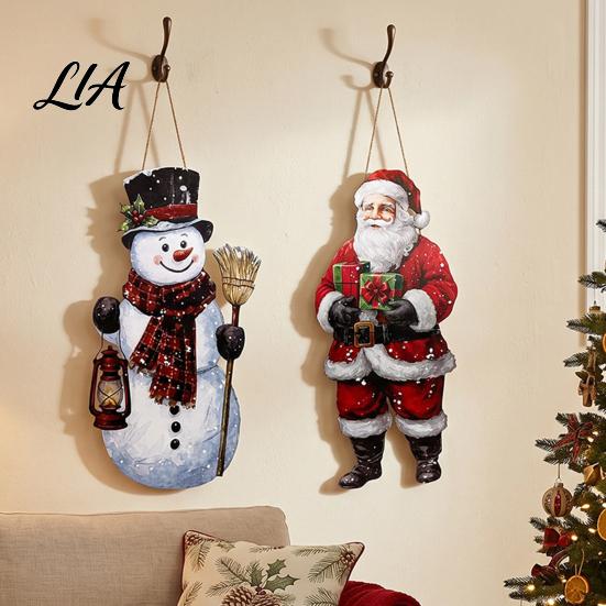Reusable Wooden Party Sign Vintage Christmas Door Welcome Sign, Rustic Santa Claus Snowman Gift for Family Wreath, Farmhouse Decorative Hanger Plaque