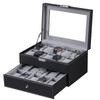 20-Slot Watch Organizer Case, Watch Case with Glass Lid, 2 Layers, Lockable Watch Display Case, Black Synthetic Leather, Gray