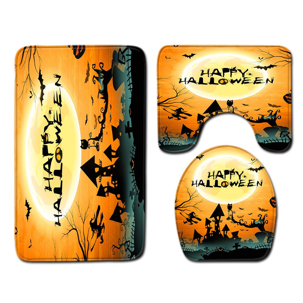 Halloween Shower Curtain Floor Mat Combination Four-Piece Set Bathroom Toilet Carpet Shower Room Foot Mat