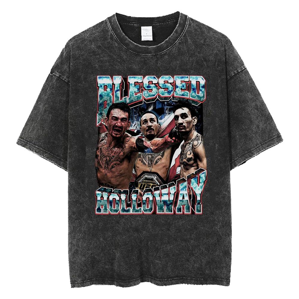 Ограниченная серия Мужские и женские футболки Max Holloway Blessed Retro Washed Мужские и женские Эстетика насилия Оверсайз футболка Летние топы Уличная одежда Футболка
