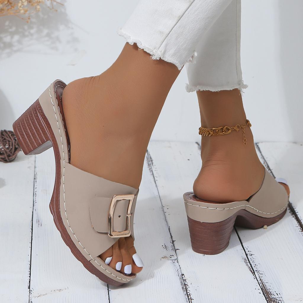 2024 Женские тапочки на низком каблуке, летняя женская обувь, квадратный каблук, женская обувь высокого качества с пряжкой, однотонные сексуальные тапочки для женщин на каблуках