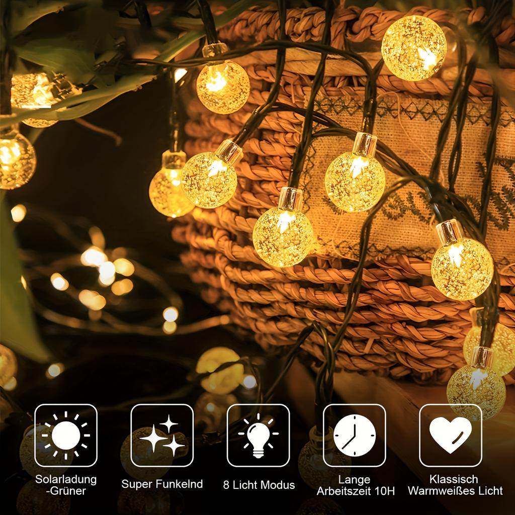 Solar Crystal Ball String Lights with 20–100 LEDs – Waterproof Outdoor Fairy Lights with 8 Modes for Garden Christmas Decoration