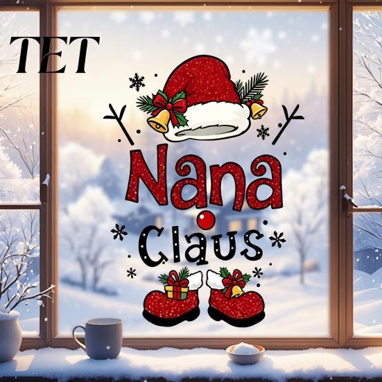 Holiday Glass Decals Nana Claus Window Sticker, Christmas Static Cling Removable Art PVC Decal for Home Shop Door Decorations