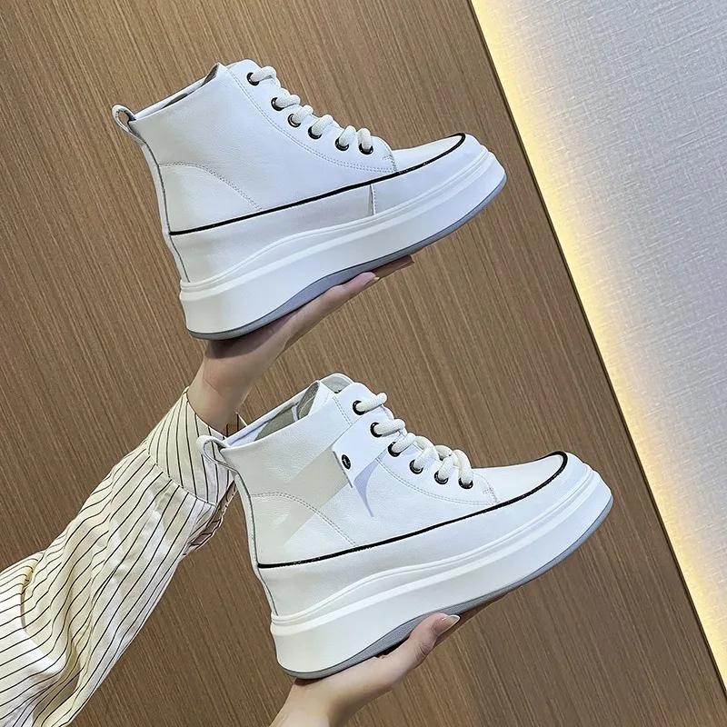 Fashion 7.5CM Women Shoes Natural Cow Genuine Leather Spring Chunky Sneakers Platform Wedge Ankle Boots Hidden Heel Autumn Winter Shoes