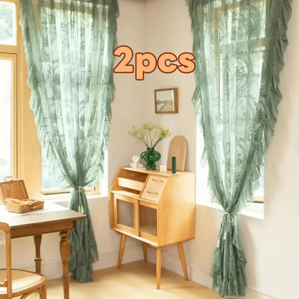 2 Pcs Retro Gauze Curtain Ruffled Edge Voile Curtain Home Decor French Lace Floral Curtain  Bedroom