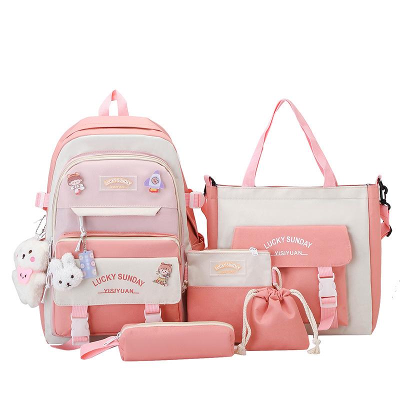 Middle School Boys and Girls School Bags Fashion Canvas Color Blocked Primary Student Backpack 5 Pcs Set Satchel with Tutoring Bag