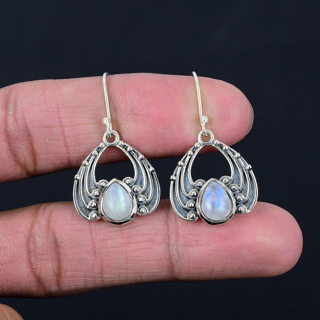 Серьги из натурального радужного лунного камня с драгоценными камнями, твердые серьги из стерлингового серебра 925 пробы, серьги ручной работы, ювелирные изделия, подарок для женщин и девочек, E-1160