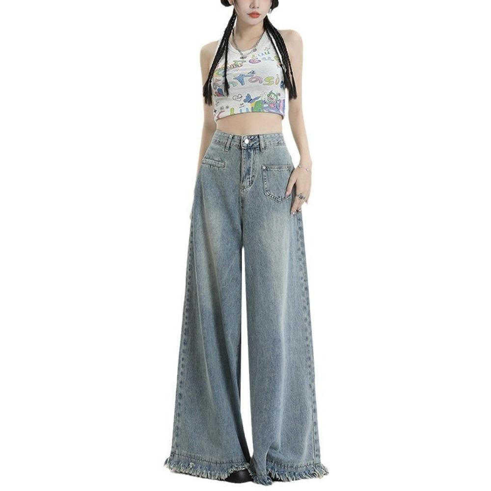American Old Wide-leg Jeans Autumn High Waist Loose Washed Fringed Rough Edge Retro Mopping Straight Pants Tide