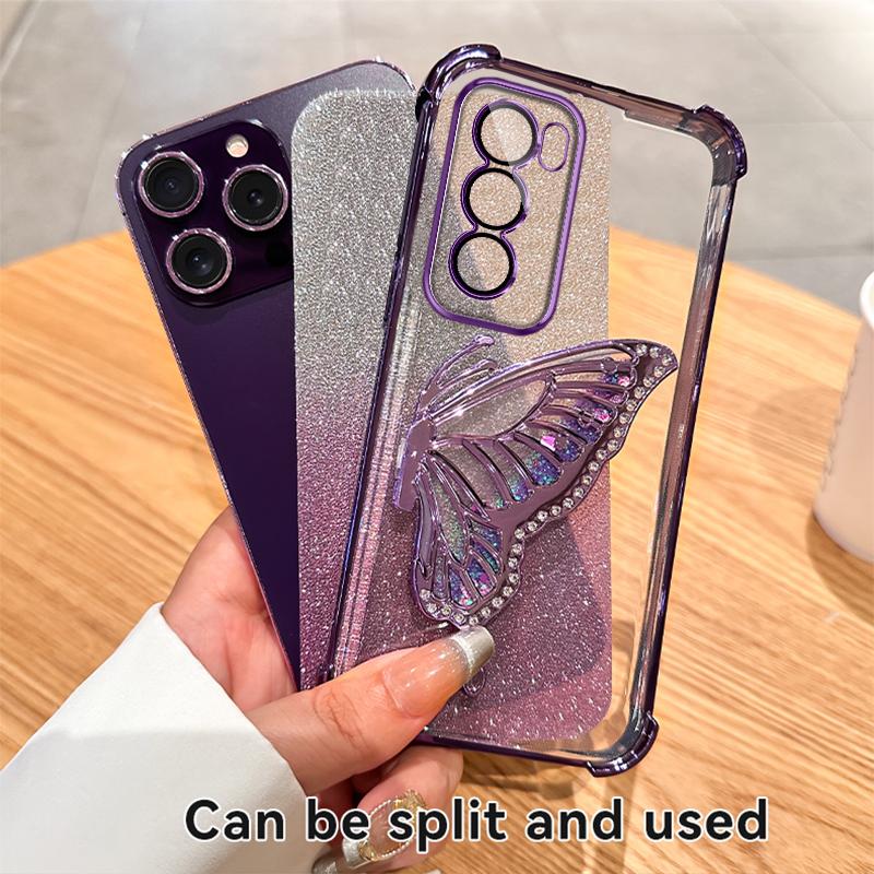 Glitter Shockproof Plating Quicksand Butterfly Phone Holder Case for OPPO Reno 14 14F 13 13F 12 12F 11 11F 10 Pro Silicone Cover