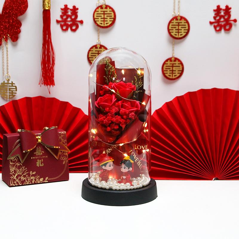 Eternal flower rose dried flower glass cover bouquet gift for girlfriend wedding simulation flower souvenir ornament