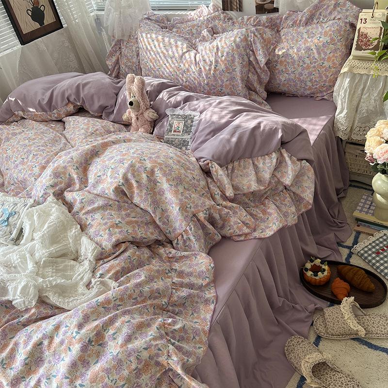 Floral Bedding Set Four-piece Romantic Skin-friendly Breathable Comfortable Washed Sheets Quilt Cover Pillowcase