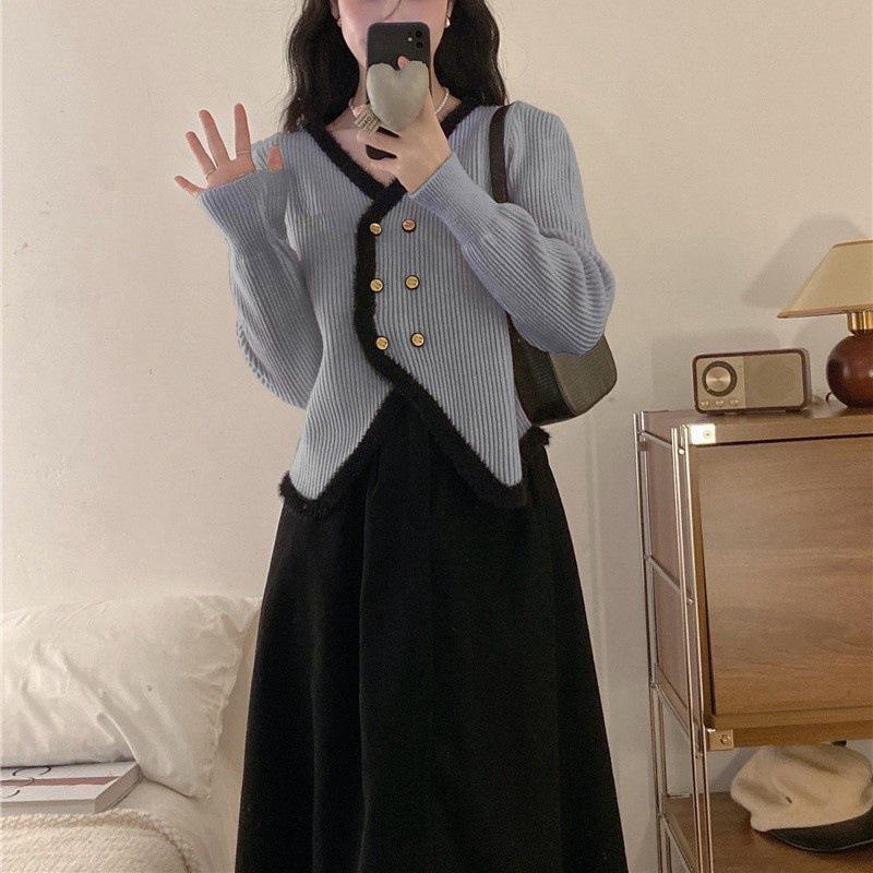 Женский осенне-зимний двубортный вязаный кардиган с V-образным вырезом и яркими цветами