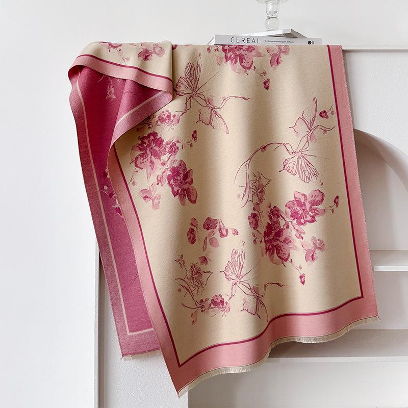 Korean Version Of Butterfly Love Flower Imitation Cashmere Thickened Winter Warm Scarf Fashion Shawl Double-Sided Printed Scarf