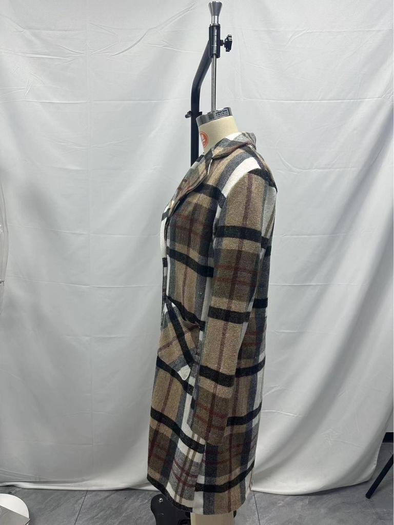 Длинное шерстяное пальто в клетку 2025: Женская демисезонная/зимняя верхняя одежда с лацканами, однобортный дизайн.