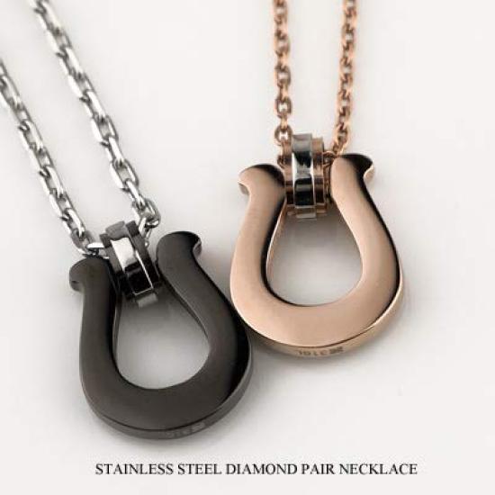 Pair Necklace Diamond Surgical Stainless Steel Horseshoe Motif Black Pink [White Clover] &
