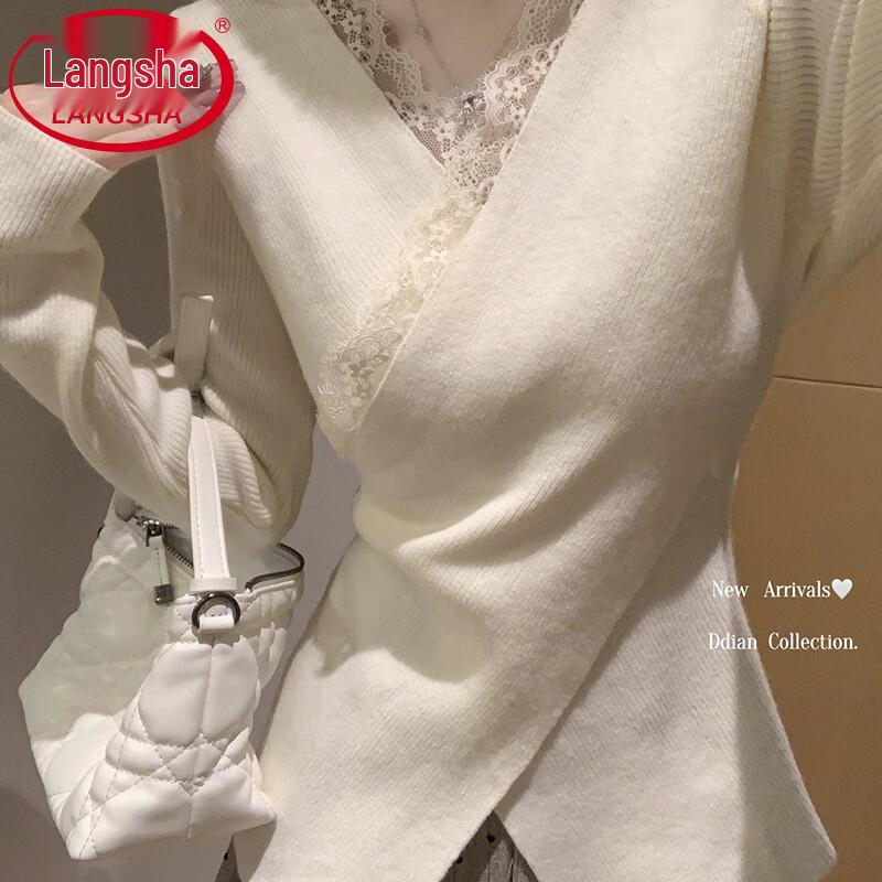 Женский вязаный свитер Langsha с V-образным вырезом и кружевной отделкой