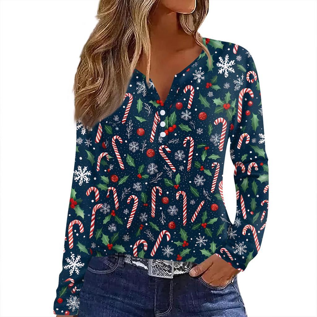 Женская футболка с рождественским принтом на пуговицах с длинным рукавом, повседневная, выходного дня, модная, базовая, с V-образным вырезом, обычная