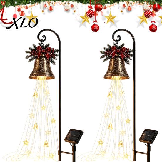 Bronze Bell Lawn Ornaments Solar Christmas Waterfall Light, LED Metal Garden Stake with Red Ribbon, Decorations for Lawns Auto On/Off, Waterproof