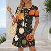 Women Plus Size Round Neck Short Sleeve A Line White Dress Halloween Dachshund Printed