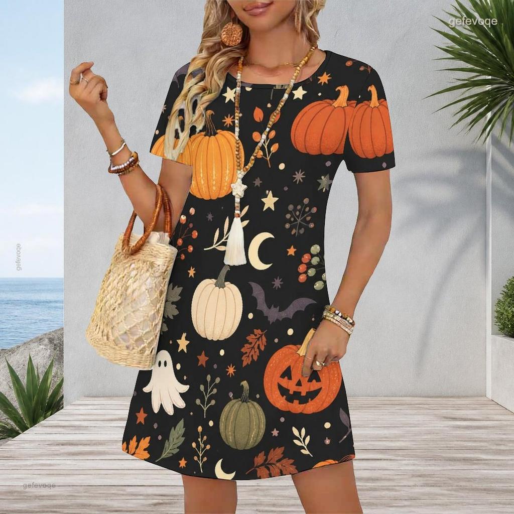 Women Plus Size Round Neck Short Sleeve A Line White Dress Halloween Dachshund Printed